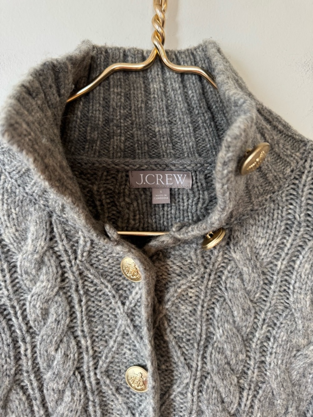 J. Crew Gray Cable-knit turtleneck cardigan Sweater Wool Cropped Gold Buttons S - Picture 7 of 9